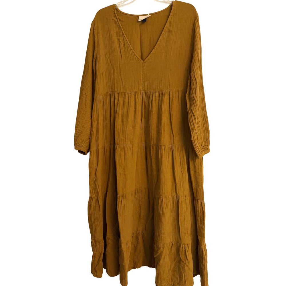 Universal Thread Midi Dress XL Olive Yellow Boho Gauze Tiered Cotton Casual